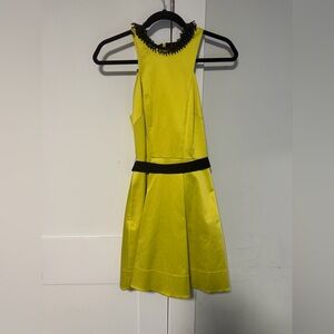 Robert Rodriguez Yellow Satin Fit-and-Flare Dress with Black Waist